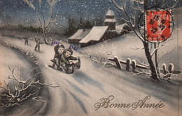 Bonne Année - Cpa Illustrateur - Enfants Sur Une Luge , Sous La Neige - New Year