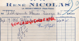 87 - LA ROCHE L' ABEILLE - FACTURE RENE NICOLAS - MARCHAND DE VINS - 1945 - Levensmiddelen