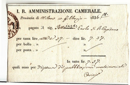 MILANO 1836 LOMBARDO-VENETO RICEVUTA PAGAMENTO TASSA Per PUBBLICAZIONE MATRIMONIALE+timbro-A744 - 1. ...-1850 Prefilatelia