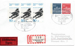 57338 - Bund - 1972 - 30Pfg & 100Pfg Brandenburger Tor PGAUmschl M ZusFr Als R-EilBf MUENCHEN - ... SAPPORO -> Ingelheim - Inverno1972: Sapporo