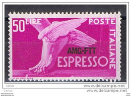 TRIESTE  A:  1953  EX. DEMOCRATICA  -  £. 50  ROSA  LILLA  N. -  R. III° -  SASS. 7/I - Eilsendung (Eilpost)