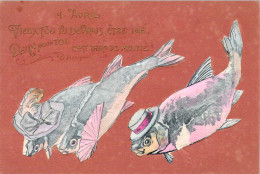 Fantaisie - Poissons Habillés - Colorisé - Citation - Collage - Relief  - Carte Postale Ancienne - Dressed Animals
