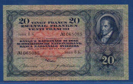 SWITZERLAND - P.39f(1) - 20 Francs 1937 AXF, Serie 8K 065085 - Signatures: Schaller / Bachmann / Blumer - Suiza