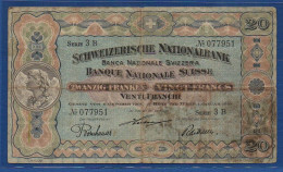 SWITZERLAND - P.12c(1) - 20 Francs 1916 VG/F, Serie 3B 077951 - Signatures: Hirter / De Haller / Bornhauser - Switzerland