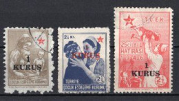 1952 TURKEY SMALL 1 KURUS SURCHARGED TURKISH SOCIETY FOR THE PROTECTION OF CHILDREN STAMPS USED - Liefdadigheid Zegels