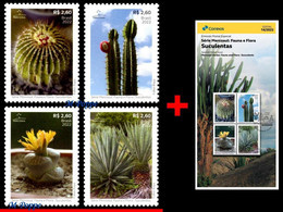 Ref. BR-V2022-14+E BRAZIL 2022 FLOWERS, PLANTS, FAUNA FLORA - SUCCULENTS,, MERCOSUL, CACTUS, MNH + BROCHURE 4V - Unused Stamps
