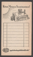 COUNTING CARD SLIP PAPER NOTE Vintage Advertising Old Graphics / Accumulator Battery NIFE - Hungary 1920 Blotter - Piles