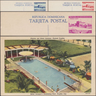 République Dominicaine 1953. 3 Entiers Postaux Illustrés. Piscine De L'hôtel, Plongeoirs, Parasols, Palmiers, Automobile - Hotel- & Gaststättengewerbe