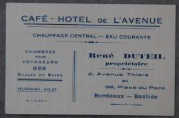 Carte Café-Hôtel De L'Avenue, René Duteil, Bordeaux (Gironde), Note Au Dos - Sports & Tourisme