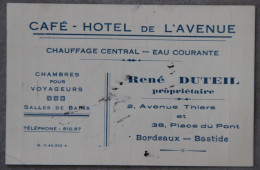 Carte Café-Hôtel De L'Avenue, René Duteil, Bordeaux (Gironde), Note Au Dos - Sport & Turismo