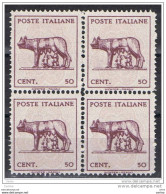 LUOGOTENENZA:  1944  LUPA  CAPITOLINA  -  50 C. LILLA  E  GRIGIO  LILLA  BL. 4  N. -  SASS. 515 A - Neufs