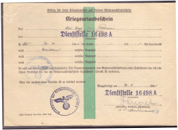 Dt- Reich (020314) Kriegsurlaubschein Dienststelle 16498A Vom 20.4.1941 - Documents