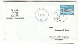 Turquie - Lettre De 1974 - Oblit Antalya - Vol Spécial Antalya Frankfurt  - Avions - - Brieven En Documenten