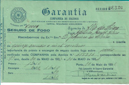 Portugal , GARANTIA  Seguros , Receipt Of Insurance , 1933 , Printed By Tip. Progresso , Green , Mod. 15  8-1931 - Portogallo