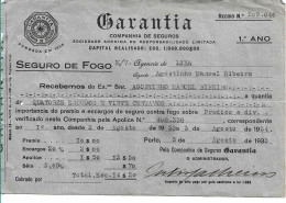 Portugal , GARANTIA  Seguros , Receipt Of Insurance , 1933 , Printed By Tip. Progresso , Gray , Mod. 15  11-1931 - Portugal