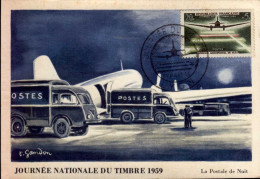 JOURNEE NATIONALE DU TIMBRE 1959 . LA POSTALE DE NUIT. CARTE MAXIMUM. ILLUSTRATION GANDON - Poste & Facteurs