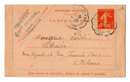 TB 4051 - 1916 - Entier Postal - Mr De BASONNIERE Château De Cendray à JOUY LE POTIER Pour Mr LODDE Libraire à ORLEANS - Cartes-lettres