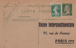 France Entiers Postaux - 20c Pasteur - Carte Postale Repiquage Union Intercontinentale - TB - AK Mit Aufdruck (vor 1995)