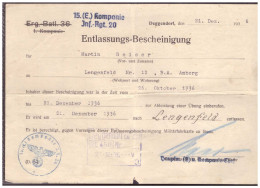 Dt- Reich (020347) Entlassungs- Bescheinigung, 15.Kompanie Inf.-Rgt.20, Übung Vom 21.12.1936 - Documents