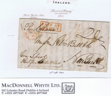 Ireland Derry TransatlanticUS 1840 Letter Londonderry To New York Paid "1/-" With Boxed PAID AT/DERRY In Red BOSTON/SHIP - Prephilately