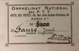 Poste - Orphelinat National Des Ptt - Carte De Membre Au Nom De Joseph FAURE - Poste & Postini