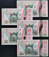 MEXICO 2022 SERIES CF 23-Aug-22 + 5 NOTES Diff. Signatures RARE $20 INDEPENDENCE Comm. POLYMER NOTE + Mint Crisp - México
