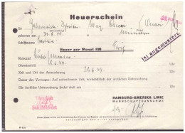 Dt- Reich (020364) Heuerschein Reederei Hamburg- Amerika Linie, Dienstantritt Am 28.6.1939 - Barcos