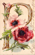 Illustration De Fleurs Rouge Et Rose Type Pavot Avec La Lettre P - Carte Postale Ancienne - Bloemen