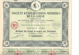 SOCIETE D'EXPLOITATIONS MINIERES DE LA CORSE LOT DE 4 .ACTION DE CENT FRS  - ANNEE 1928 - Mines