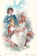 COUPLE Dans Le Jardin - Illustration Non Signée - Panier De Fleurs - Carte Postale Ancienne - Paare