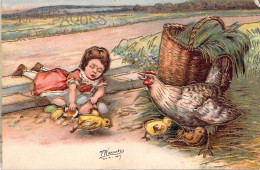 ENFANT Allongée Sur Le Sol Avec Une Poule Des œufs Et Poussins - Joyeuses Pâques - Carte Postale Ancienne - Grupo De Niños Y Familias