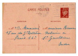 TB 4089 - 1941 - Entier Postal Type Pétain - Mr Camille MONSACRE à PARIS Pour Me PARROT Notaire à SAINT - GAULTIER - Cartes Postales Types Et TSC (avant 1995)