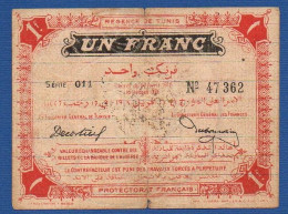 TUNISIA - P.36c – 1 Franc 1918 VG/F, S/n 01 47 362  Watermark "1916" (Arabic) - Tunesien