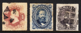 BRAZIL — SCOTT 62//64 — 1877 20r, 50r, 80r ROULETTED ISSUES — USED —SCV $72.00 - Used Stamps