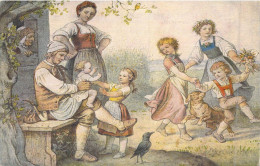 Illustration - Famille - Enfants - Chien - Oiseau - Dame Agée - Bébé - Carte Postale Ancienne - Unclassified