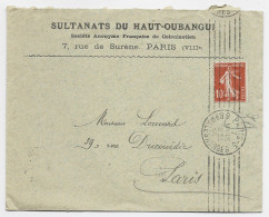 FRANCE SEMEUSE 10C LETTRE COVER ENTETE SULTANATS DU HAUT OUBANGUI PARIS VIIIE 1914 - Briefe U. Dokumente