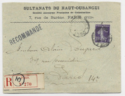 FRANCE SEMEUSE 35C LETTRE REC COVER ENTETE SULTANATS DU HAUT OUBANGUI PARIS VIIIE 1914 - Lettres & Documents