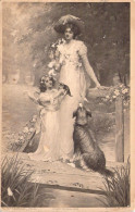 Chien - Illustration Signée S KENDRIX - Photogravure - Chien Et Chaton Regardent Leur Maîtresse - Carte Postale Ancienne - Cani