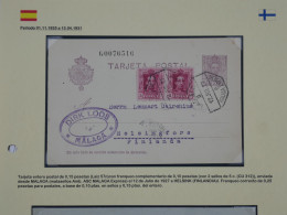 AS 18 ESPANA  BELLE  CARTE ENTIER RR 1938 MALAGA  RARE DESTINATION FINLANDE HELSINGFORS TP+ +AFFR.  INTERESSANT++ - Andere & Zonder Classificatie