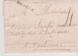 Aude Marque Postale DE LIMOVX (Limoux) (27x3,5) 23 JANV 1771 Pour Narbonne Taxe Manuscrite 4 Lenain N°6 PD - 1701-1800: Vorläufer XVIII