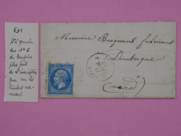 AU 20 FRANCE BELLE LETTRE  1867 VARIETé NAPOLEON  N°22  +BERCK A DUNKERQUE ++ ++AFFR. INTERESSANT++ - 1862 Napoleon III