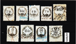 14BB/09 STEMPELMARKEN STEUERMARKEN 1859 ÖSTERREICH 2-3-4-7-10-12-15-36-90 Kreuzer "graublaues Papier"  ENTWERTET - Fiscali