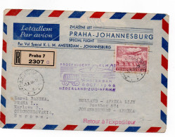 Enveloppe - Liaison Aérienne Par KLM - PRAGUE - JOHANNESBOURG - Envoi En Recommandé - Retour à L'expéditeur - 1946 - Corréo Aéreo