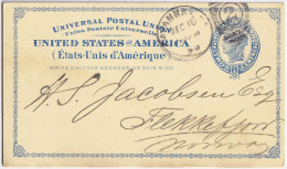 USA To NORWAY - 1893 2c Blue Postal Card Sc.UX6 Pre-printed Used From SAVANNAH, Ga To FLEKKEFJORD, Norway - ...-1900