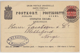 FINLAND To NORWAY - 1900 10pen Rose Postal Card Mi.P27 Used From HELSINKI To FLEKKEFJORD, Norway - Postal Stationery