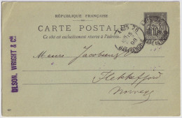 FRANCE - 1898 Entier CP 10c Sage (Mi.P12.II) Utilisé De PARIS-26 / GARE DU NORD à FLEKKEFJORD, Norvège - Postales Tipos Y (antes De 1995)