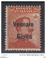 VENEZIA  GIULIA  -  OCCUPAZIONE  AUSTRIACA:  1918/19   SOPRASTAMPATO  -  20 C. ARANCIO  N. -  SASS. 23 - Venezia Giulia