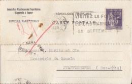Carte Lettre à Entête "Appareis à Vapeur" Obl. Flier Strasbourg Pl Gare Le 3 III 38 (tarif 12/7/37) Sur N° 363 55c Paix - 1932-39 Paix