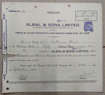 INDIA 1954 ALMAL & SONS (PRIVATE) Ltd., Wholesale Of Non-agricultural Intermediate Products....SHARE CERTIFICATE - Industrie
