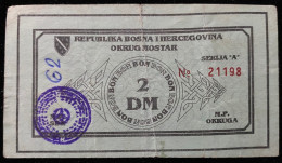 Bosnia, War Voucher Of 2 Deutsche Mark, Mostar Region, Stamp Of The Socialist Republic Of Bosnia And Herzegovina, Konjic - Bosnie-Herzegovine